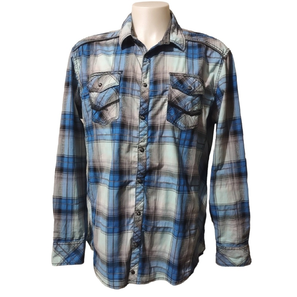 Buckle Black Shirt Mens XL Plaid Snap Up Athletic Fit Pockets Blue Long‎ Sleeve